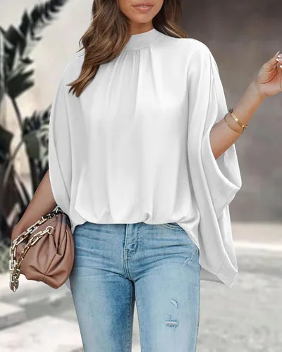 Miniatura 152 de BTFBM Blusas de verano para mujer, cuello alto falso, manga murciélago, holgadas, dobladillo alto y bajo, blusas informales de gran