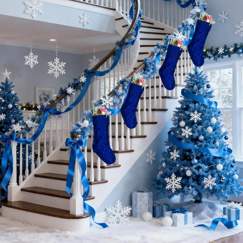 Miniatura 2 de Medias Navideñas a Granel, Medias Navideñas de Punto Trenzado Azul de 18 Pulgadas para Decoración de Fiestas de Navidad, Paquete de 4