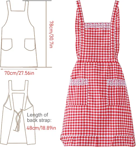 Miniatura 2 de Delantal clásico vintage para mujer, delantal de algodón a cuadros rojo y blanco, babero de chef de cocina para el hogar