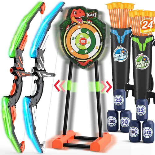 Miniatura 12 de HYES Arco y flecha para niños, juego de tiro con arco con luz LED con 12 flechas de ventosa, 1 blanco de pie, 3 blancos de puntuación y 1 carcaj