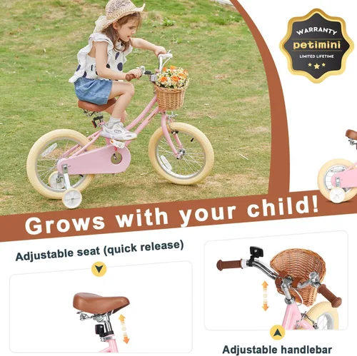 Miniatura 4 de Petimini Bicicleta para niñas con cesta para niños de 2 a 12 años, 12, 14, 16, 18, 20 pulgadas, con campana y ruedas de entrenamiento, varios