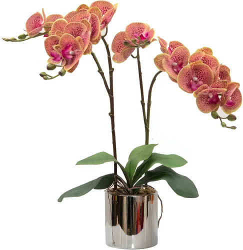 Miniatura 12 de CXGS Planta de orquídeas artificiales de tacto real, orquídeas falsas en jarrón de cerámica, naranja, 19.7 pulgadas, arreglo floral falso