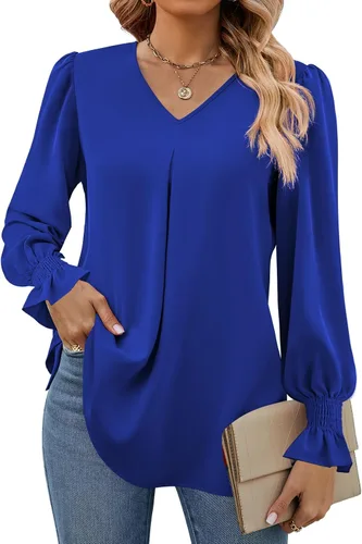 Miniatura 29 de Funlingo Blusas de mujer con mangas largas 2025, elegantes y casuales, con cuello en V, túnica suelta de gasa para el trabajo