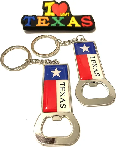 Miniatura 25 de Juego de 2 llaveros de recuerdo de Texas con imán para nevera con texto en inglés "I Love Texas", Diseño de horizonte de Dallas, Mediana