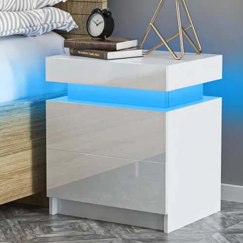 Miniatura 9 de HOMMPA Mesita de noche LED, mesita de noche blanca con luces LED, moderna mesita de noche con 2 cajones de alto brillo, mesita de noche inteligente