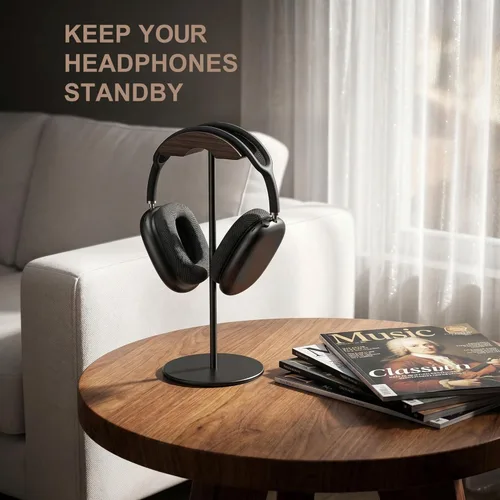 Miniatura 2 de Soporte para auriculares, soporte de auriculares de madera de nogal y aluminio, soporte para auriculares de juegos de nogal natural con base sólida