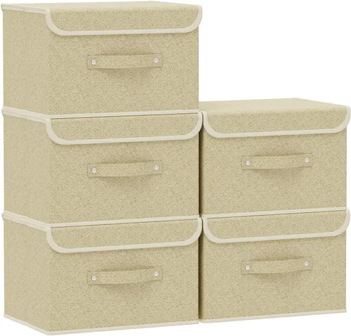 Miniatura 20 de Cajas de almacenamiento, contenedores de almacenamiento plegables con tapas, cestas de almacenamiento de tela de algodón y lino con asa