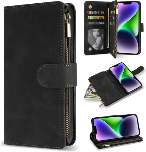 Miniatura 30 de ZZXX Funda tipo cartera para iPhone 14 Plus con [Bloqueo RFID] Ranura para tarjetas Cuero PU suave premium con cremallera tipo folio plegable