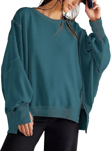 Miniatura 4 de Beaully Sudadera de gran tamaño con cuello redondo para mujer, con abertura lateral, manga larga, ropa de invierno