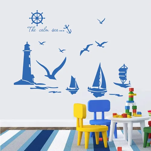 Miniatura 4 de Grandes adhesivos decorativos de faro marino para pared, calcomanía de pared náutica con gaviotas, adhesivos de pared de barco para decoraciones