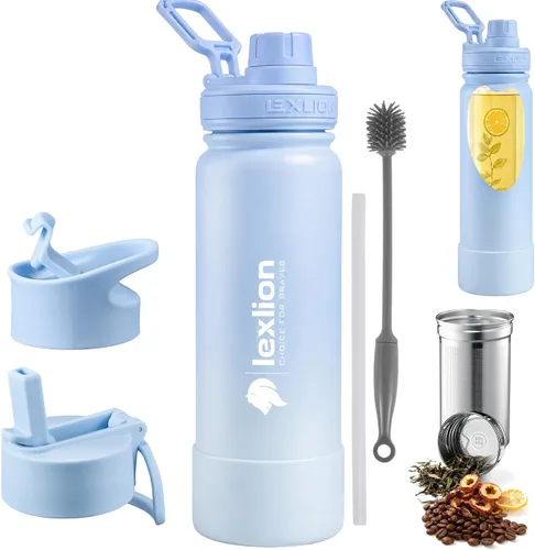 Miniatura 21 de Lexlion Botella de Agua con Infusor de Té 32 Oz – Termo de Acero Inoxidable con Triple Pared Aislada, Colador para Hojas Sueltas y Frutas, 3 Tapas a