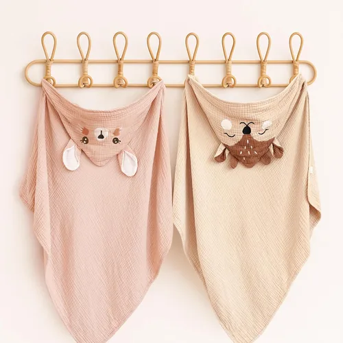 Miniatura 8 de Konssy Paquete de 2 Toallas con Capucha de Muselina para Bebé, 100% Algodón, Toallas de Baño para Bebé Suaves y Absorbentes para Recién Nacidos