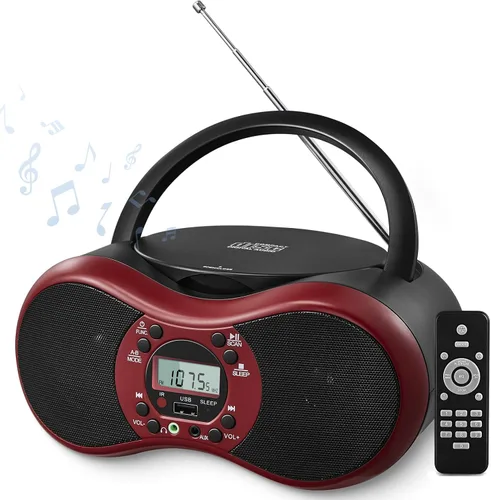 Boombox reproductor de CD portátil para el hogar con radio FM, Bluetooth, reproducción de CD-R/CD-RW/MP3 CDs, control remoto, puerto USB, entrada
