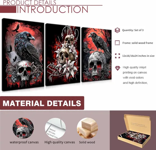 Miniatura 5 de Lienzo de pared de Halloween con marco de madera gótica para sala de estar, juego de 3 impresiones románticas de cuervo y mariposa, decoración