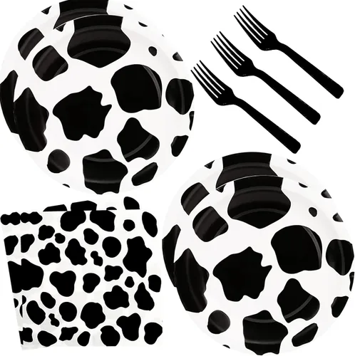 60 piezas de suministros de fiesta con estampado de vaca, juego de vajilla temática de vaca con platos de papel de 7 pulgadas, servilletas y