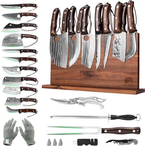 Miniatura 10 de FULLHI Juego de 17 piezas de cuchillos de carnicero y chef, incluye funda, cuchillo de cocina de acero de alto carbono, espiga completa, cuchillo