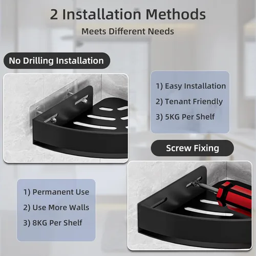 Miniatura 5 de Wisfame Carrito de Ducha Esquinero Negro - Estante de Ducha Triangular de Aluminio Resistente al Óxido - Instalación Sin Taladro y Con Taladro - 2