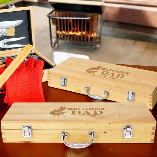 Miniatura 3 de Juego de parrilla BBQ de 11 piezas con caja de madera de arce grabada, herramientas de barbacoa de acero inoxidable premium con mangos de madera