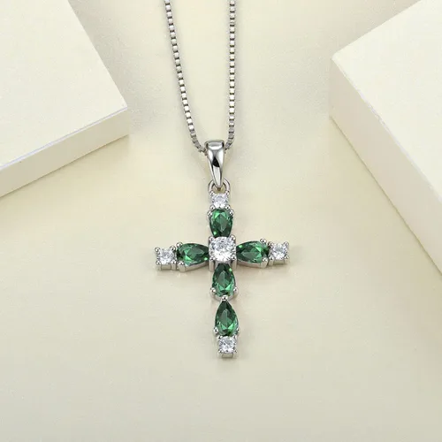 Miniatura 119 de YL Collar de cruz de plata de ley 925 con colgante de piedra natal religiosa para mujer