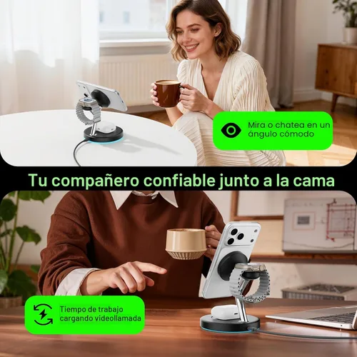 Miniatura 6 de Cargador inalámbrico 3 en 1 para iPhone, estación de carga magnética para la familia Apple con luz ambiental azul ajustable, soporte de cargador