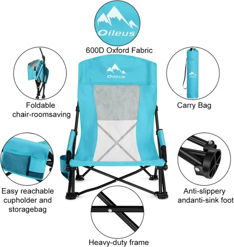 Miniatura 4 de Oileus Silla de playa portátil plegable, ligera, respaldo alto, asiento bajo para tienda de campaña, refugio y campamento, respaldo de malla