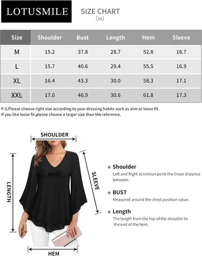Miniatura 6 de Lotusmile - Blusa de vestir para mujer, camisa de malla de doble capa, manga acampanada 34, blusas de túnica