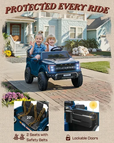 Miniatura 5 de First Ride On Ford F-150 Raptor con Licencia - Auto de Paseo de 2 Asientos para Niños, Juguetes de Paseo de 24 Voltios para Niños con Control Azul