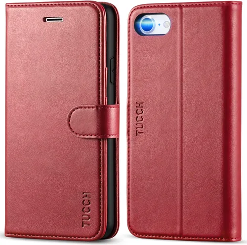 Miniatura 15 de TUCCH Funda tipo cartera para iPhone SE 2022/SE 2020/iPhone 8/7, tarjetero con función atril de piel sintética, magnética, funda protectora de Negro