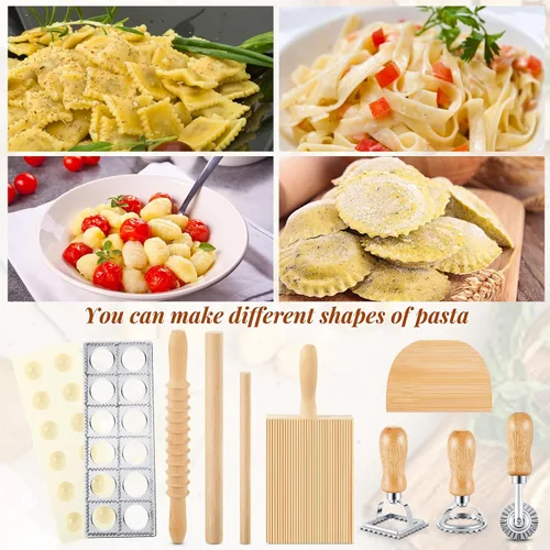 Miniatura 5 de Tioncy Juego de 9 herramientas para hacer pasta, tablero de ñoquis de madera con molde de ravioles, máquina de ravioles, sello de raviolo, rodillo