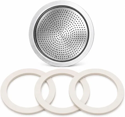 Univen Filtro de espresso de 2.25 pulgadas (2.244 in) y sellos de juntas compatibles con máquinas de café espresso de aluminio Bialetti de 3 tazas,