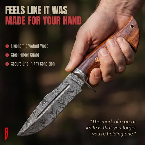Miniatura 9 de BIGCAT ROAR Beast Hunter - Cuchillo de caza de hoja fija de acero de Damasco hecho a mano de 10" - Mango de madera de nogal y funda de cuero