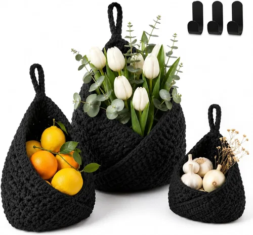 Miniatura 21 de Honeydak Cestas colgantes de pared bohemias para cocina, paquete de 3 cestas de lágrima con ganchos, almacenamiento de frutas, cebollas, verduras