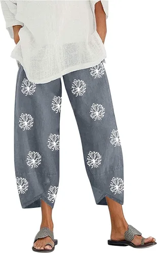 Miniatura 20 de Pantalones Capri de Lino de Algodón para Mujer 2025, Pantalones Palazzo Recortados Casuales con Estampado, Cintura Elástica, Pantalones Holgados