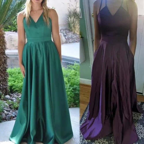 Miniatura 5 de Molisa Vestidos de fiesta de satén con cuello en V para mujer, con tirantes delgados, vestidos formales de fiesta de noche con bolsillos