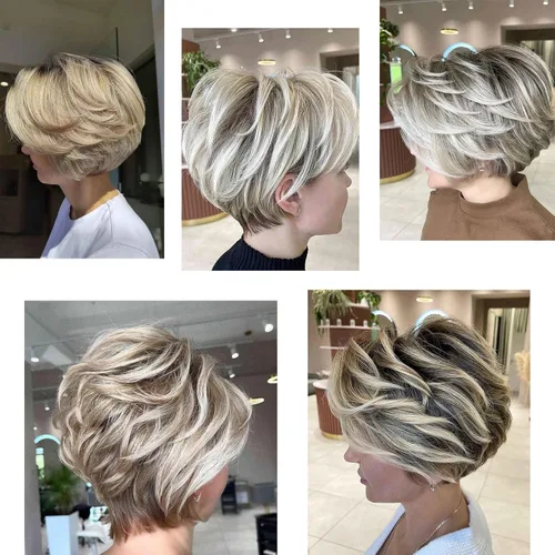 Miniatura 3 de Aisaide Peluca Corta de Corte Pixie Gris Platino con Flequillo de Cortina Bob para Mujeres - Peluca Sintética con Raya Lateral Despeinada