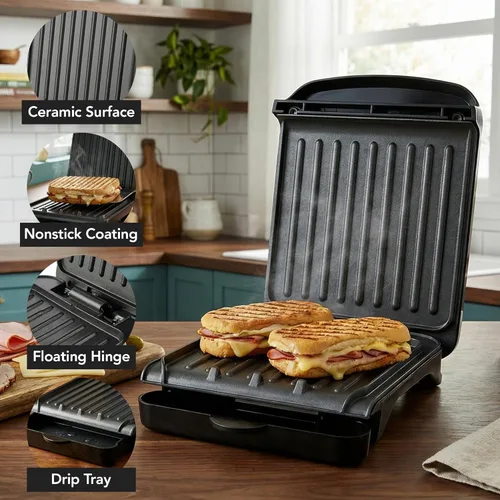 Miniatura 3 de OVENTE Parrilla eléctrica para interiores de 2 porciones y prensa para paninis con revestimiento antiadherente fácil de limpiar, se abre 180 grados