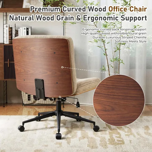 Miniatura 4 de Furnimart Silla de escritorio curvada de madera FSC de alta resistencia, giratoria de 360°, silla cruzada de felpilla de alta calidad con ruedas