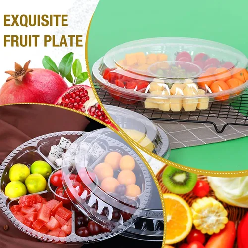 Miniatura 2 de 10 bandejas redondas de plástico para aperitivos con tapa, bandeja dividida para servir, bandejas desechables para almacenamiento de alimentos