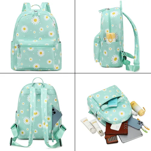 Miniatura 3 de LEDAOU Mini mochila para niñas, bonita mochila pequeña para mujeres, adolescentes, niños, escuela, viajes, bolso de hombro, Margarita blanca verde