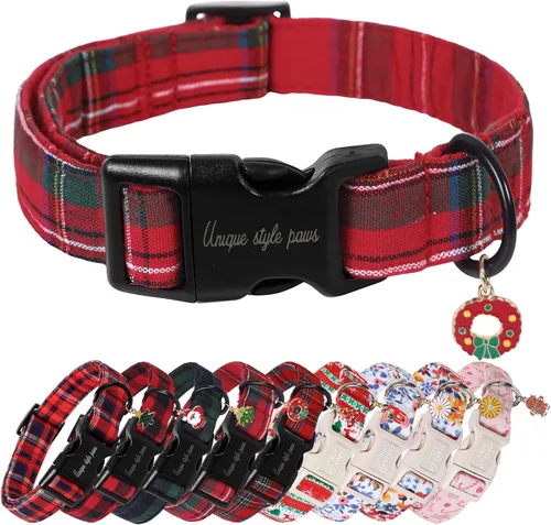 Miniatura 21 de Collar de perro de Navidad de Unique Style Paws con hebilla de plástico y colgante, a cuadros rojo y negro, collares de algodón para cachorros