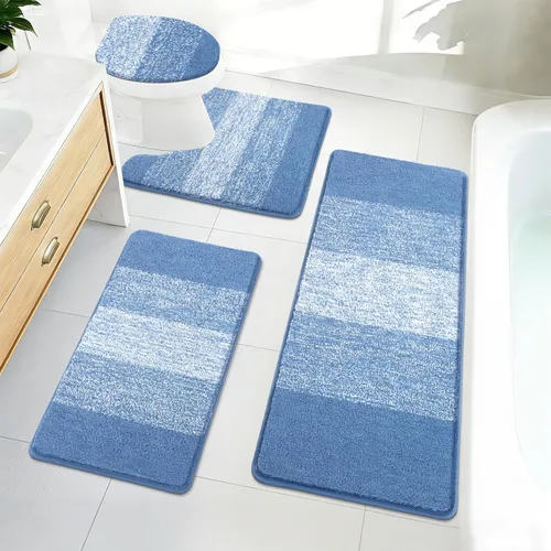 Miniatura 10 de Bsmathom Juego de 4 alfombras de baño, alfombras de baño de microfibra suave y absorbente con alfombra de contorno en forma de U para inodoro y Azul