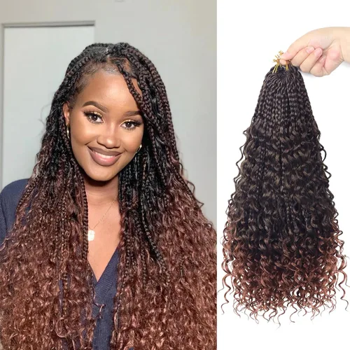 Miniatura 79 de Goddess Box Braids - Trenzas de cabello a ganchillo con extremos rizados, trenzas de caja bohemianas de 16 pulgadas, trenzas de ganchillo, 8 1B-4-30