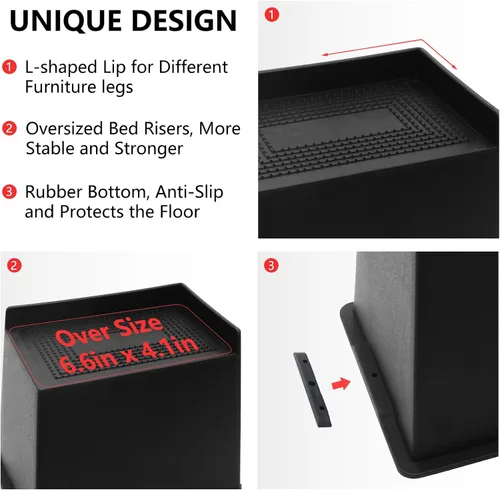 Miniatura 4 de Paquete de 4 elevadores de cama de 6 pulgadas, resistentes, elevadores de muebles de gran tamaño, elevadores de cama extra anchos para mesa, sofá