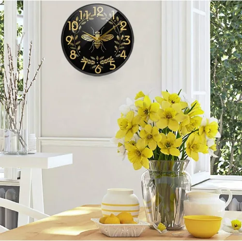 Miniatura 5 de Naanle Golden Bee - Reloj de pared redondo con patrón de insectos, silencioso de 9.5 pulgadas, funciona con pilas, de cuarzo, analógico, silencioso
