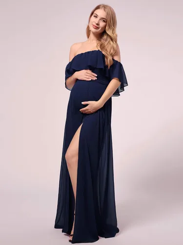 Miniatura 3 de Ever-Pretty Vestido de fiesta de embarazo con hombros descubiertos y abertura lateral larga de gasa con volantes para mujer, vestidos de fotografía