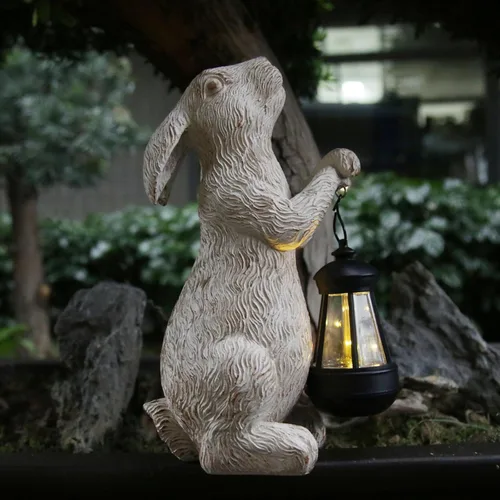 Miniatura 5 de Estatuas de jardín REYISO con luces solares - Figurina de conejo al aire libre, decoración de conejo para otoño en el césped, balcón - Arte