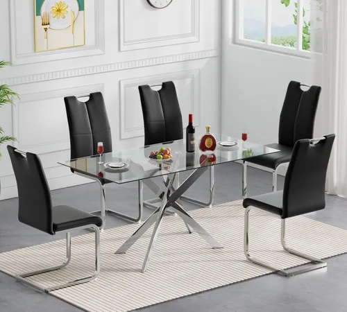 Miniatura 18 de Juego de mesa de comedor redonda de 3 piezas para 2, mesa de cocina moderna de vidrio plateado y sillas para 2 con sillas tapizadas, juego de mesa