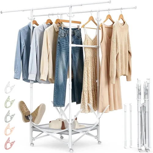 Miniatura 10 de Tendedero portátil plegable para ropa – Varillas ajustables dobles extensibles (33.1 a 56.7 pulgadas) – Diseño fácil de no montar que ahorra espacio