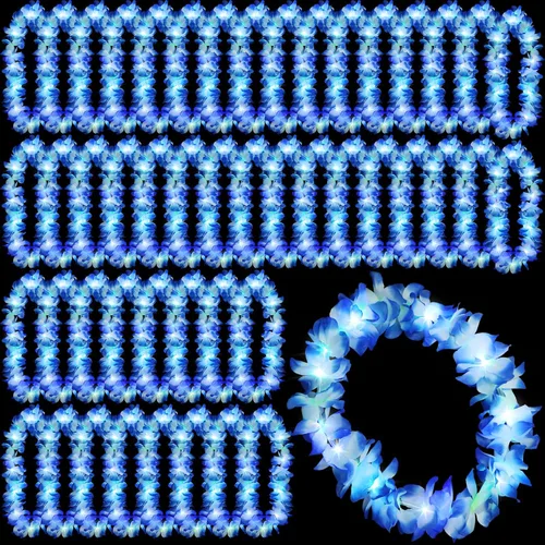 Miniatura 16 de Sherr 48 piezas Collares de leis hawaianas LED con luces LED, collares de flores de Luau para mascarada, playa, boda tropical, suministros