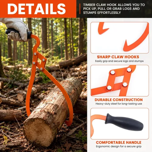 Miniatura 3 de Blulu 1 Pcs 16 Inch 2 Claw Log Tongs Logging Skidding Tongs with Non Slip Grip Stainless Steel Hand Log Grapple Lifter Handling, Dragging, Carrying